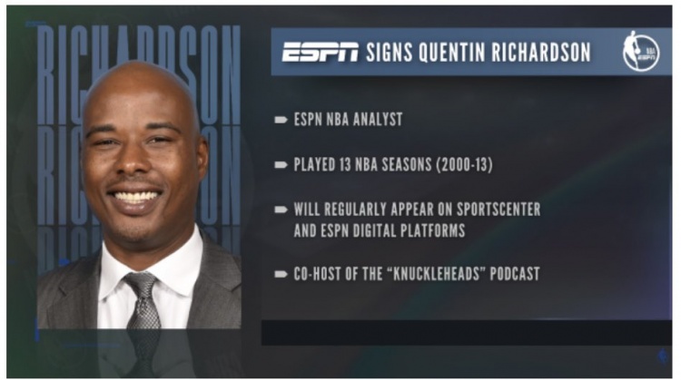 ESPN：正式签约前NBA球员昆汀-理查德森 后者将担任解说
